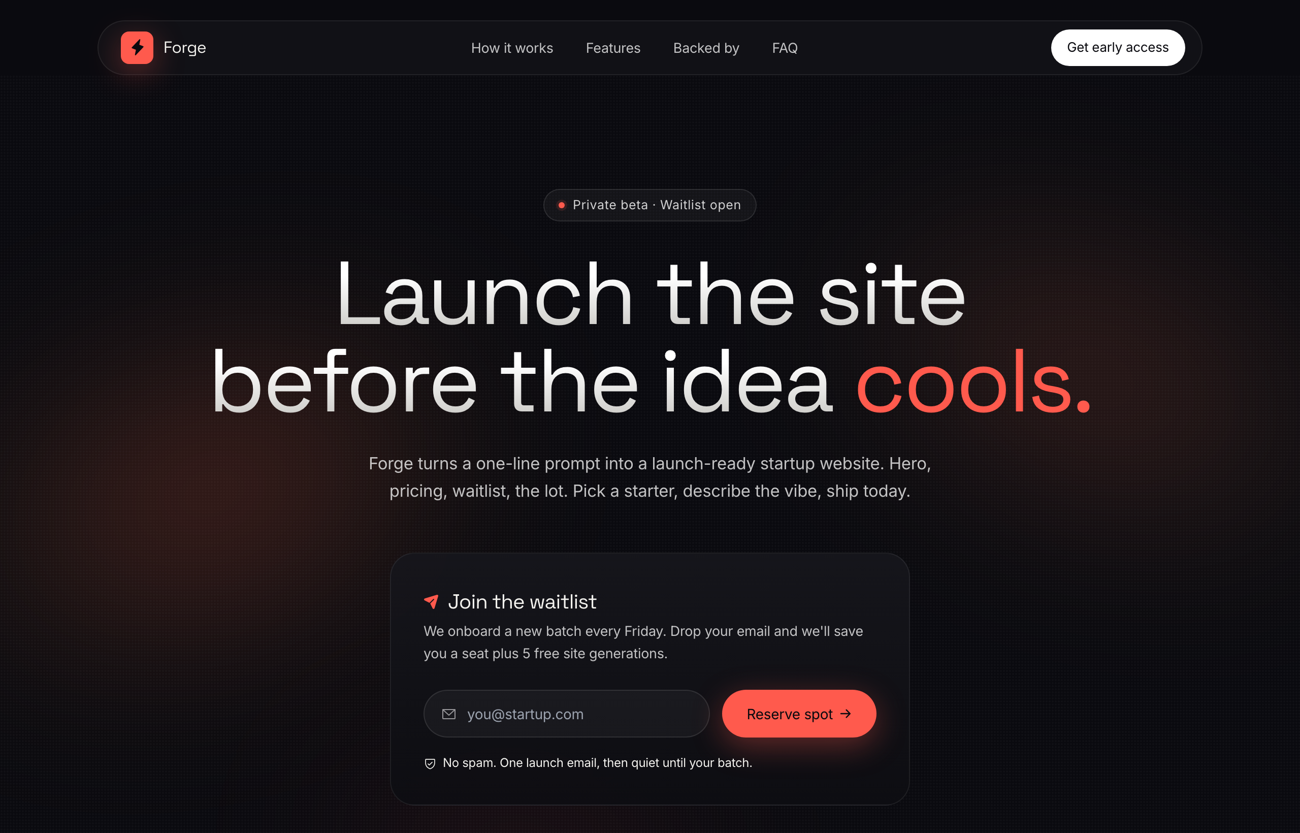 Forge — Launch Waitlist (dark, warm-ember)
