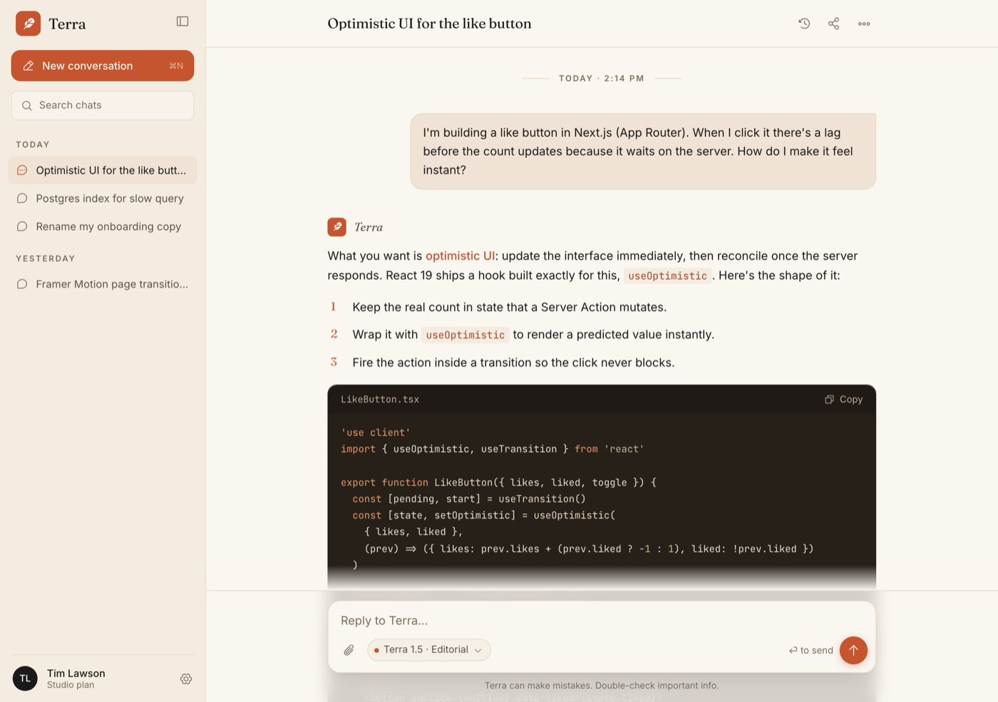 Warm Terracotta AI Chat Interface