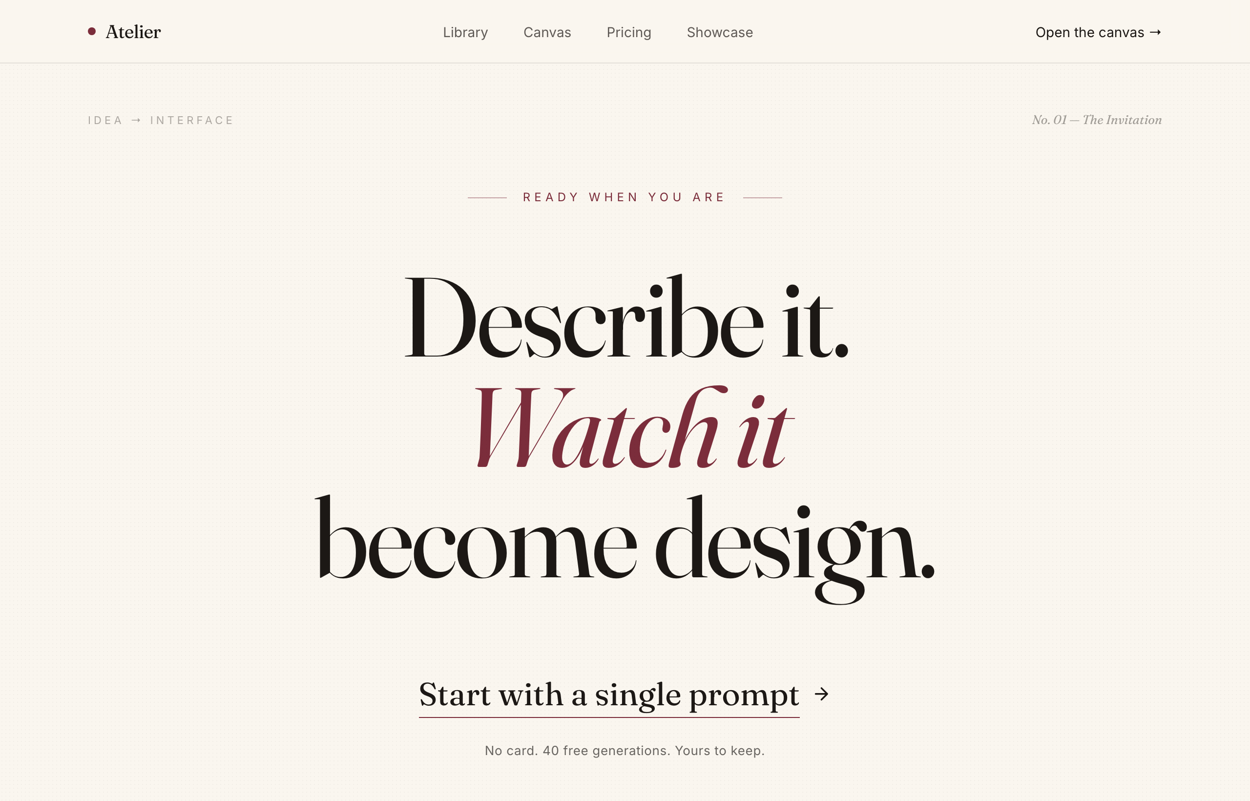 Atelier — Design, Spoken Into Being (editorial serif / burgundy)