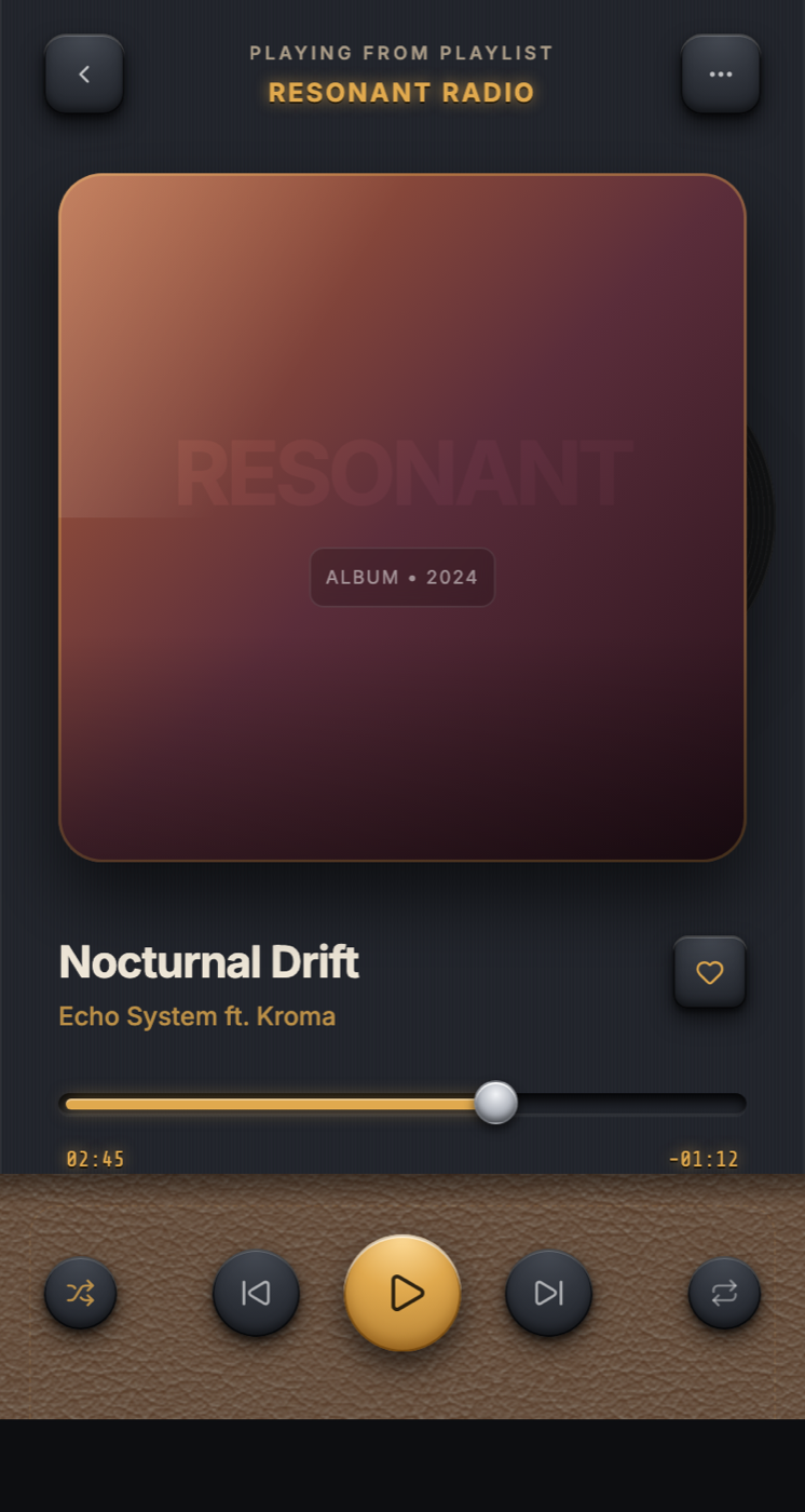Skeuomorphism Music Player: Tactile Leather and Brass Now Playing UI