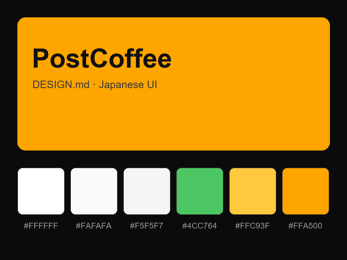 PostCoffee Style Design System (DESIGN.md, Japanese UI)