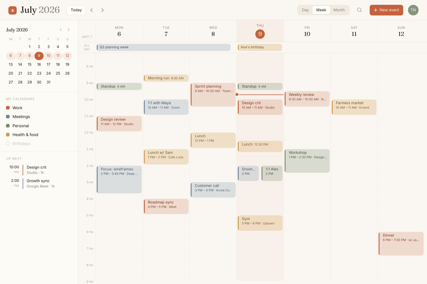 Calendar UI: Warm Editorial Week Planner