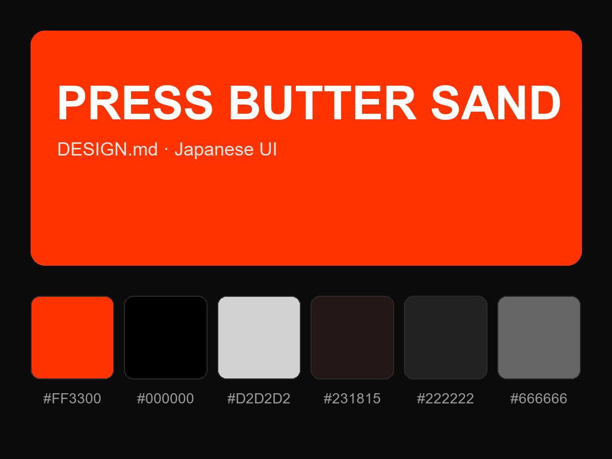PRESS BUTTER SAND Style Design System (DESIGN.md, Japanese UI)