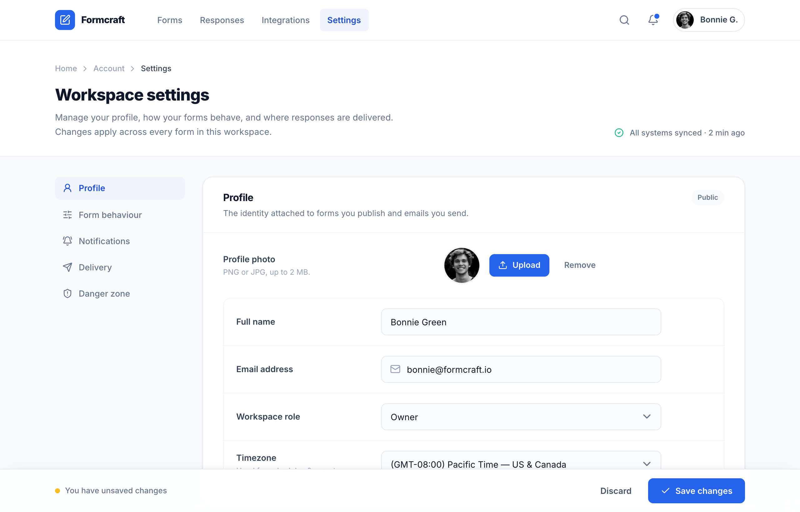 Formcraft — Workspace Settings (cobalt two-column)