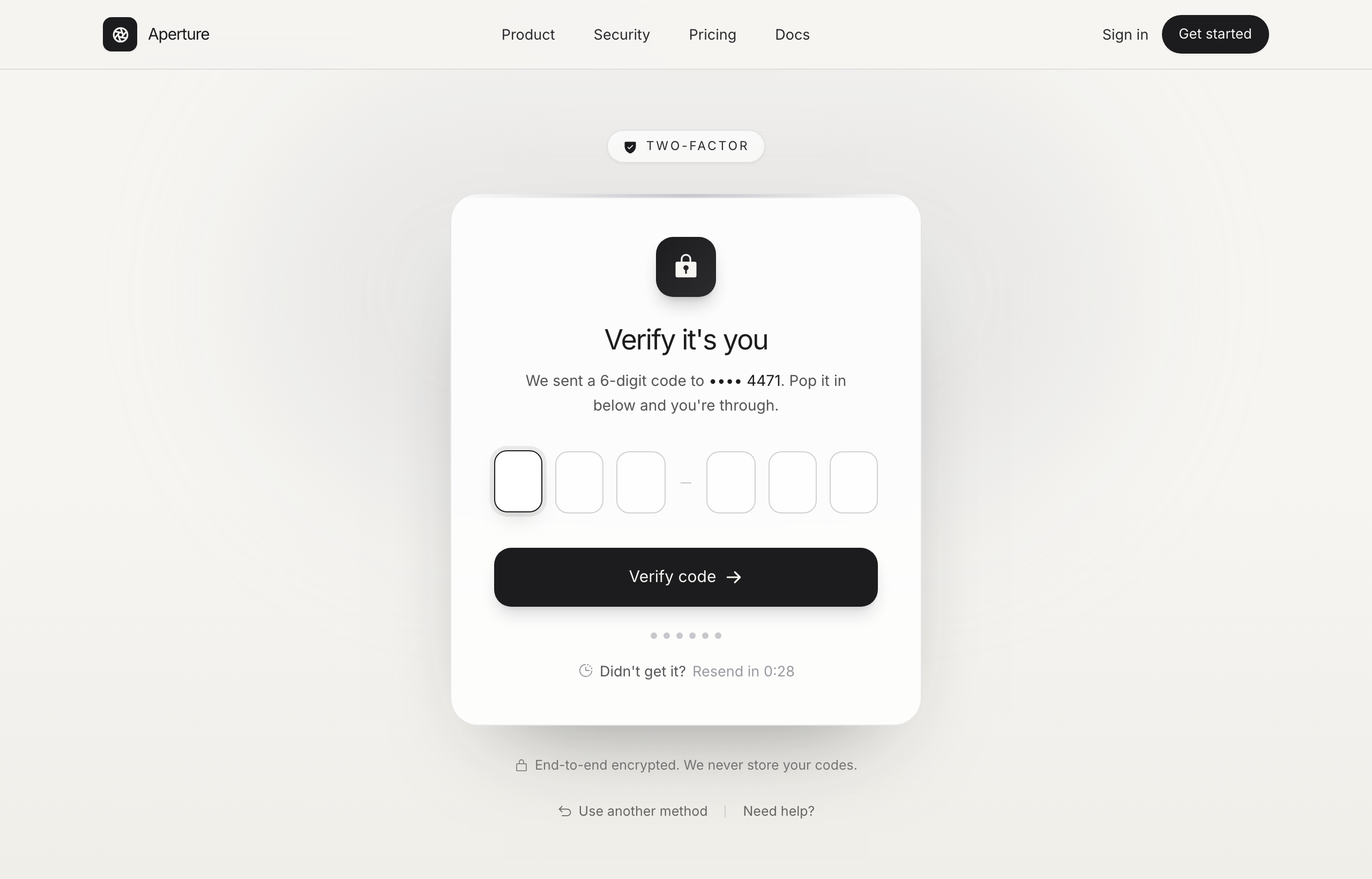 Verify it's you · Aperture (OTP / 2FA, graphite-platinum)
