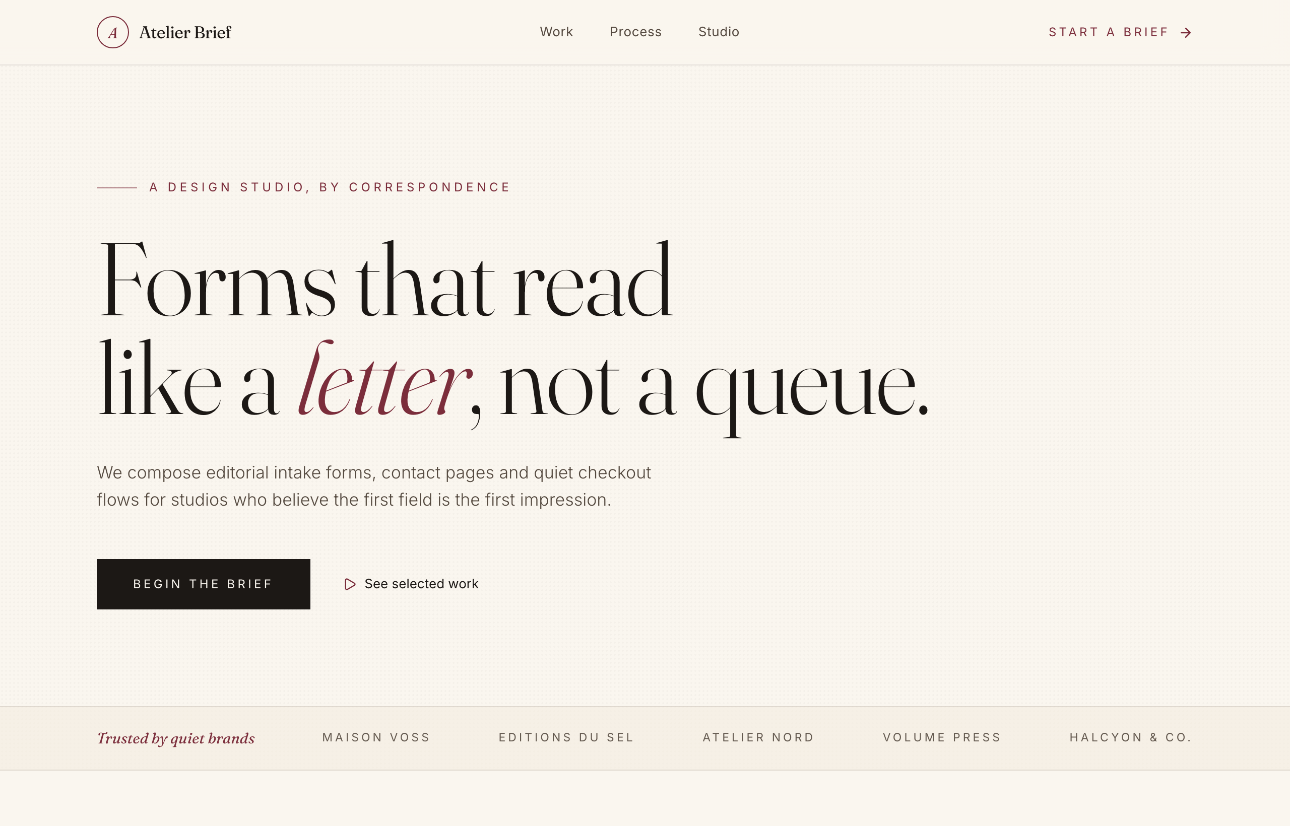 The Atelier Brief — an editorial intake form, set like a letter