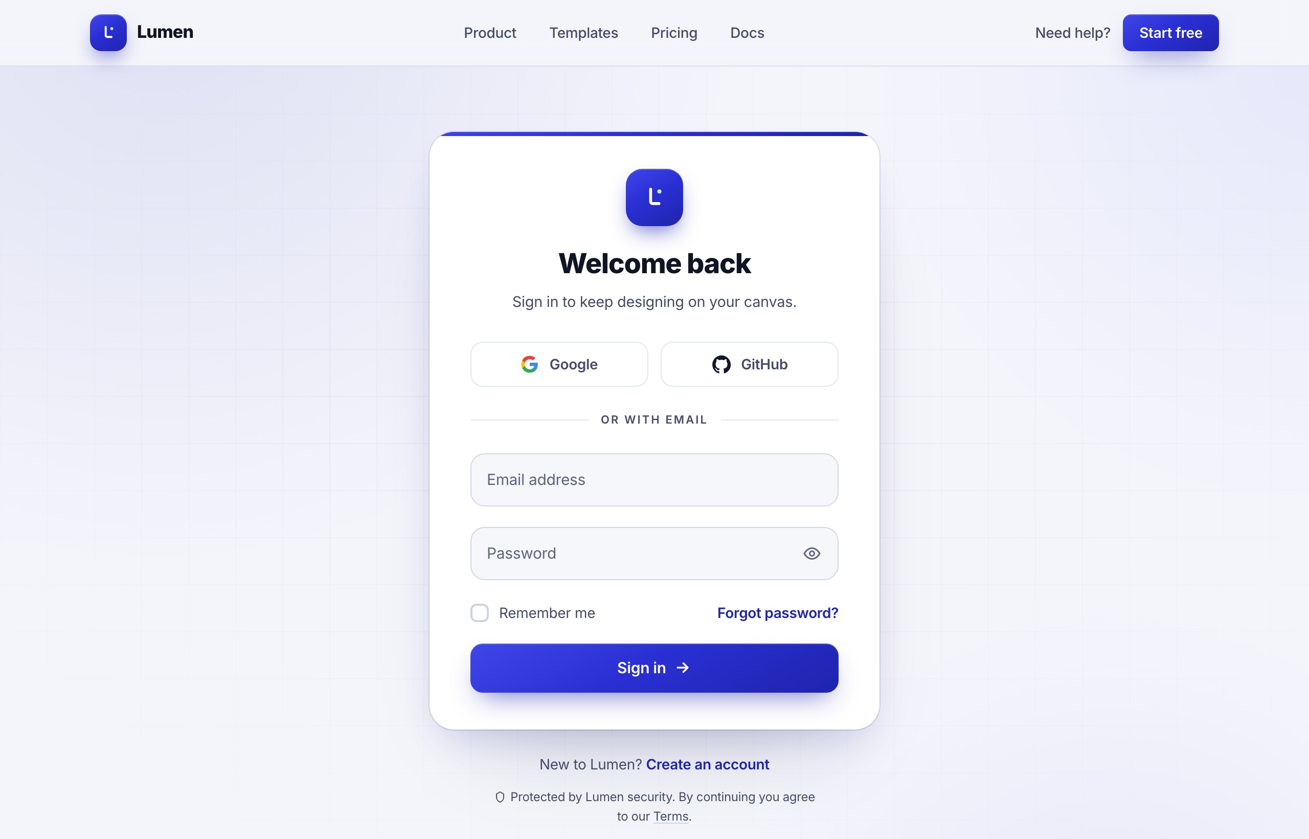 Welcome back · Lumen — centered-card (true cobalt)