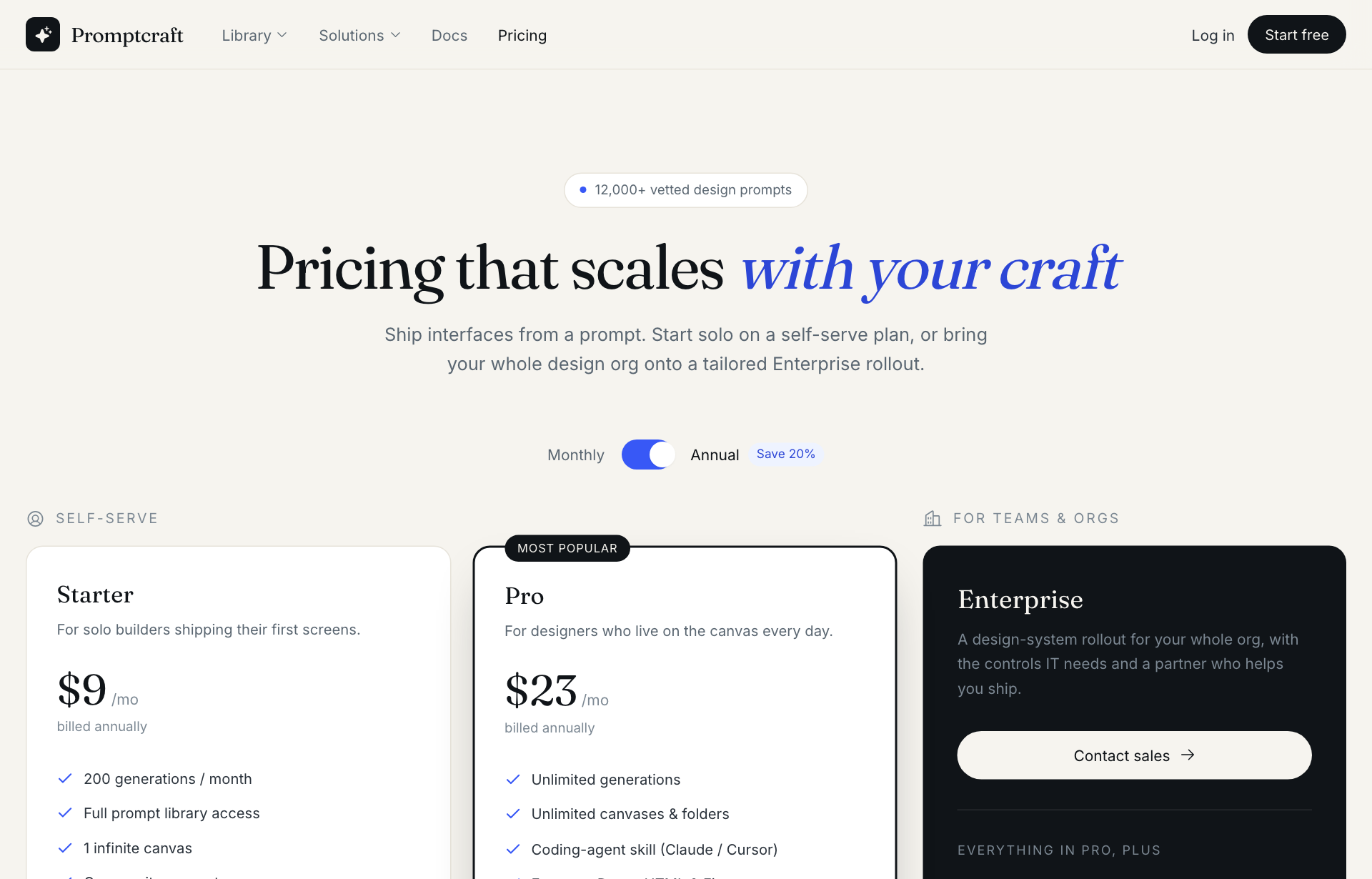Editorial Cream + Ink Two-Path SaaS Pricing