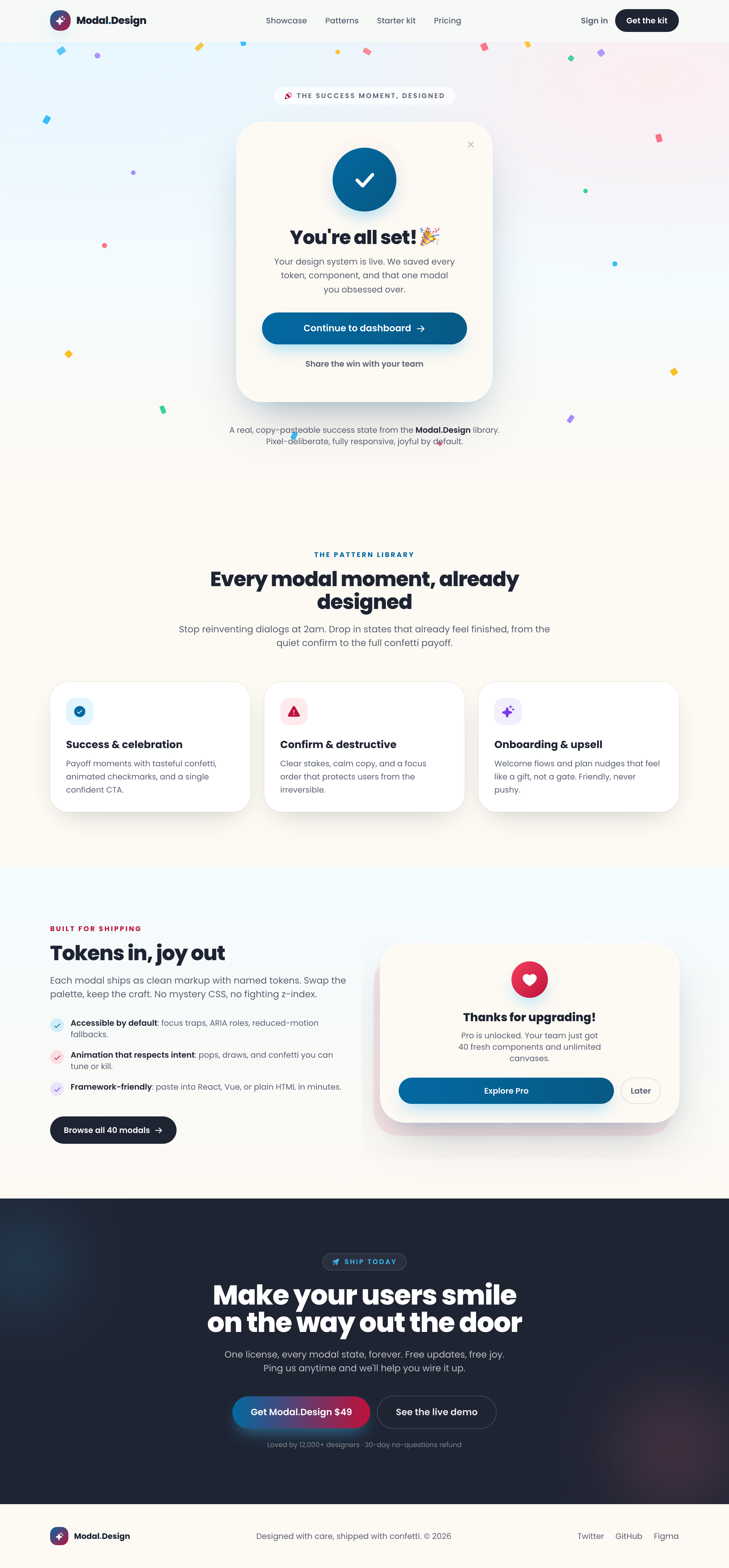 Modal Design · success-celebration (pastel) — legibility fixed