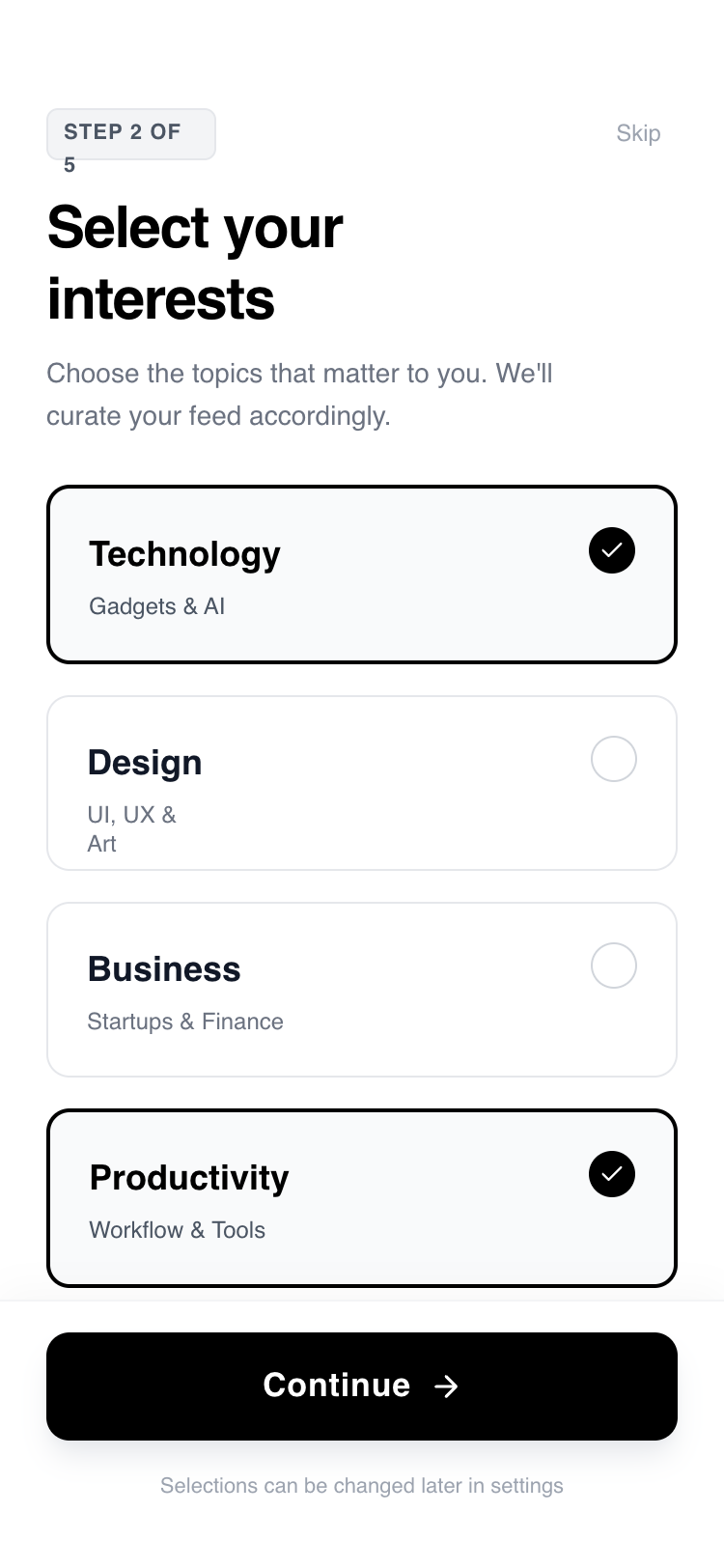 Account Setup Flow — Goals / Interests (Card-Based)