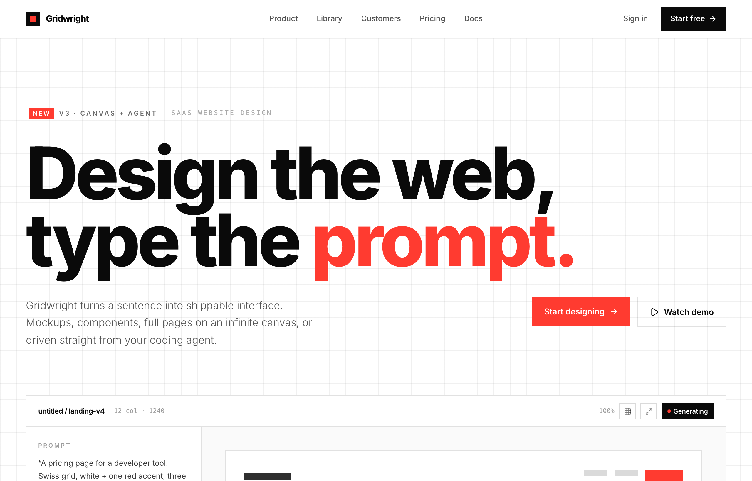 Gridwright — Design the web, type the prompt (Swiss Grid / Signal Red)