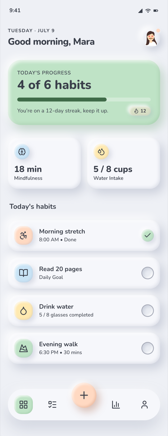 Claymorphism Mobile App: Pastel Habit Tracker Home